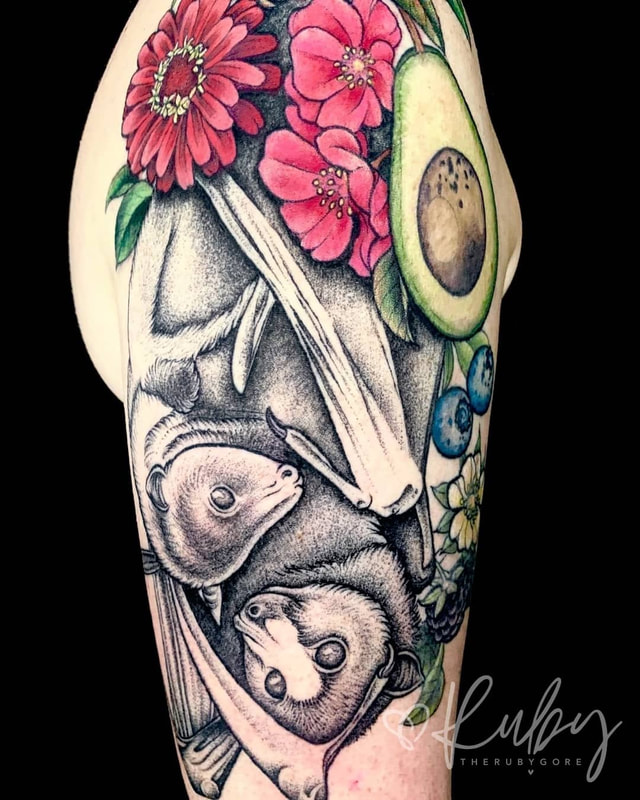 Vegan Dotwork Floral Bats Tattoo