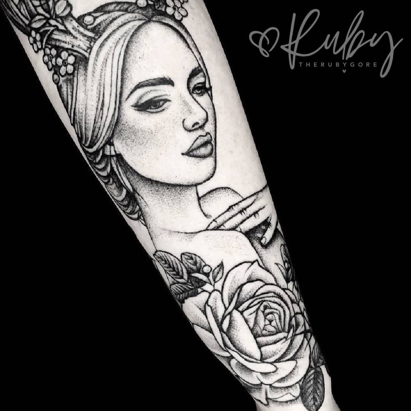 Vegan Dotwork Floral Ladyhead Forearm Tattoo
