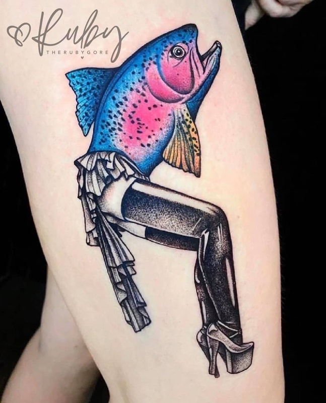 Vegan Dotwork Reverse Mermaid Thigh Tattoo