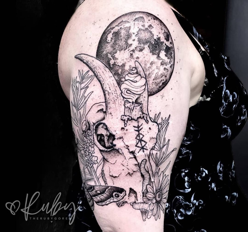 Dotwork Witchy Botanical Animal Skull and Moon Scar Cover Up Tattoo