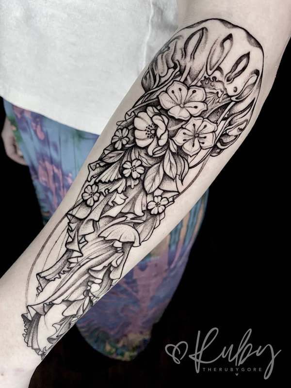Vegan Dotwork Floral Jellyfish Forearm Tattoo