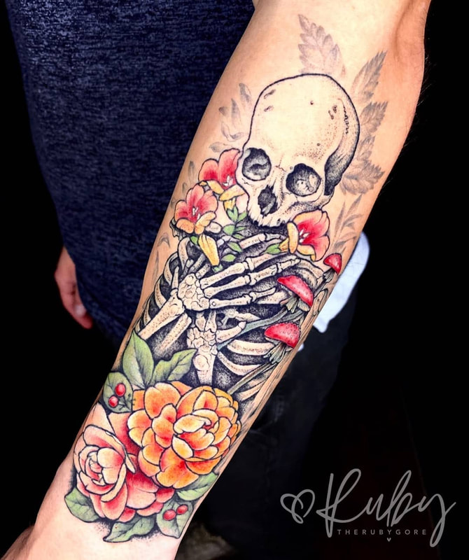 Vegan Dotwork Floral Skeleton Forearm Tattoo