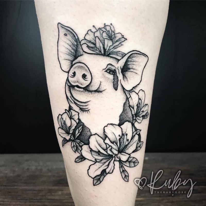 Vegan Dotwork Floral Pig Tattoo