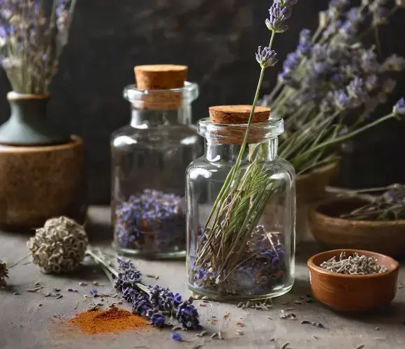 Dried lavender sprigs in glass bottles with botanical herbs on slate surface