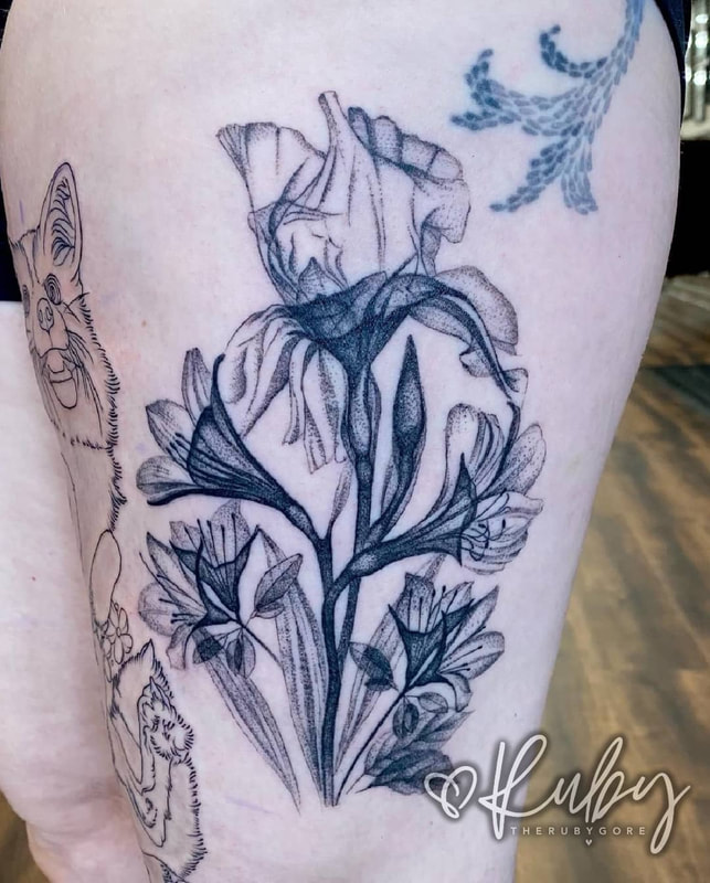Vegan Dotwork X-Ray Flower Thigh Tattoo